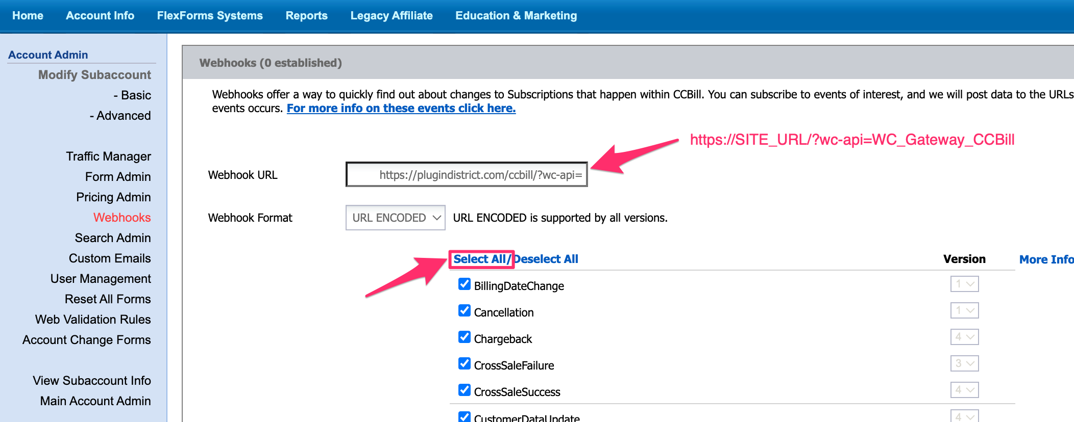 CCBill add webhook form