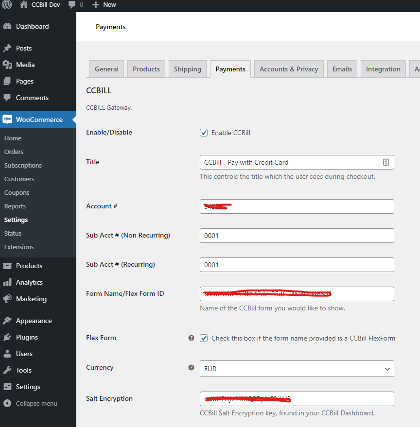 WooCommerce CCBill gateway settings