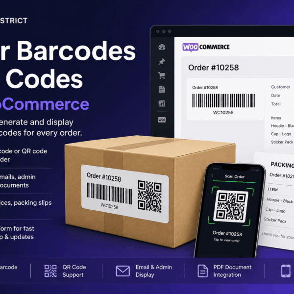 WooCommerce order barcodes and QR codes displayed on packing box, mobile scanner, and admin order screen