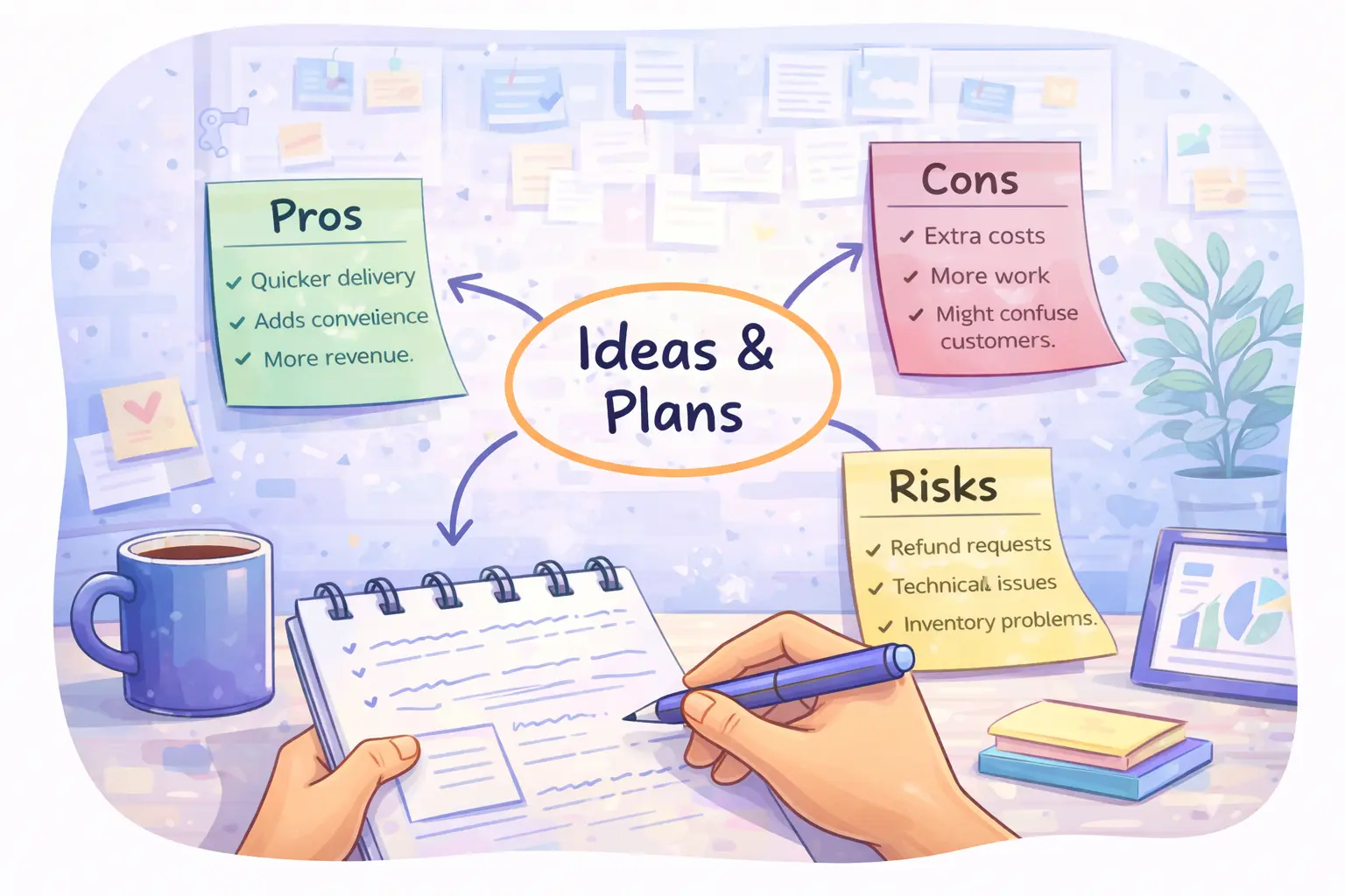 Notes and brainstorming illustration for AI tips for WooCommerce planning decisions.