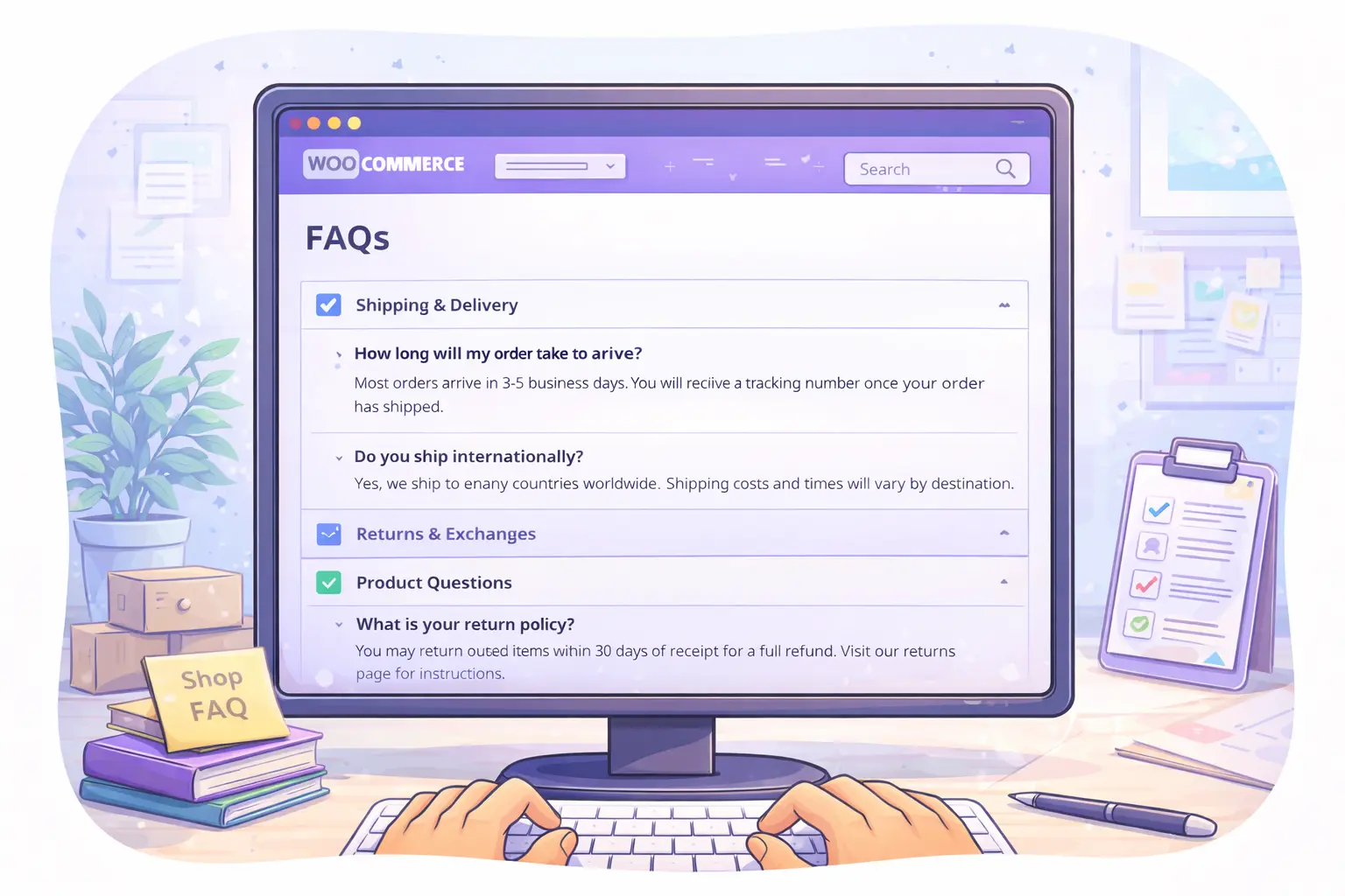 FAQ layout illustration for AI tips for WooCommerce to draft store policies quickly.