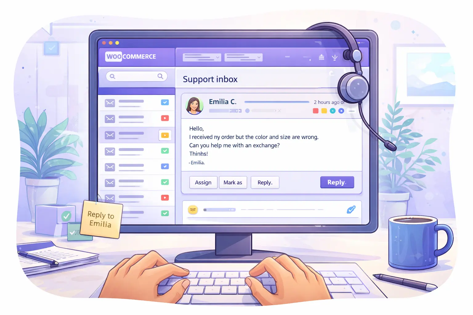 AI tips for WooCommerce customer support replies in a helpdesk inbox view.